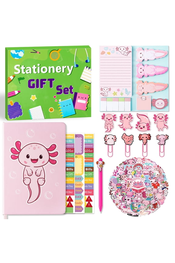 Stationery Set - Axolotl Notebook Sticky Notes Pen Stickers Bookmark Paperclip Set for Students & Teachers Supplies