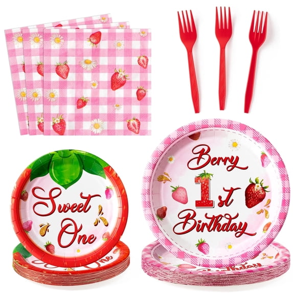 96Pcs Strawberry Party Tableware Set, Plastic Forks Paper Plates Napkins for Wedding Birthday Baby Shower,Pink