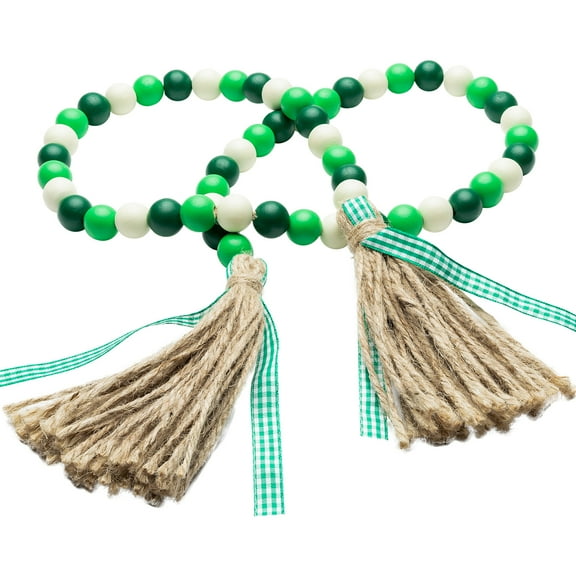 Haooryx Wooden Bead Garland with Tassels for Tiered Tray Wreath, 42.5 Inch Green White Beads Wall Hanging for Home Party Decoration