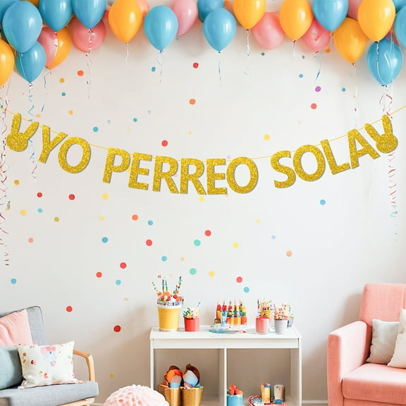 Haooryx Yo Perreo Sola Party Banner Golden Pennant Flag with Bunny and Letter Sign for Wall Decoration
