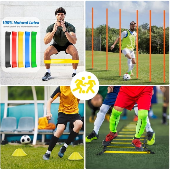 Haootadiy Soccer Agility Training Poles Equipment | Adjustable Soccer Training Kit Includes 6 Flexibility Poles, 1 Speed Ladder, 10 Disc Cones, 5 Bands, 1 Jump Rope, 1 Bag