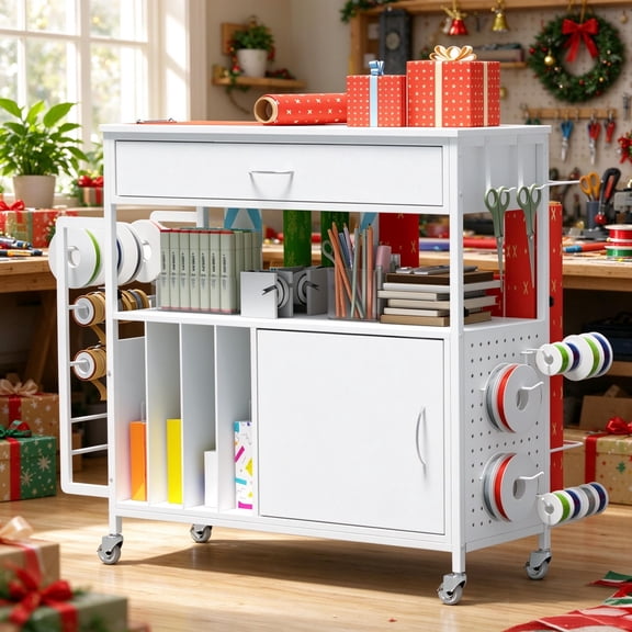 Haooyeah Wrapping Station Cart Contemporary Adjustable Height with Drawer Cabinet Ribbon Rack Tape Holder Lockable Wheels 30.7-35.6in