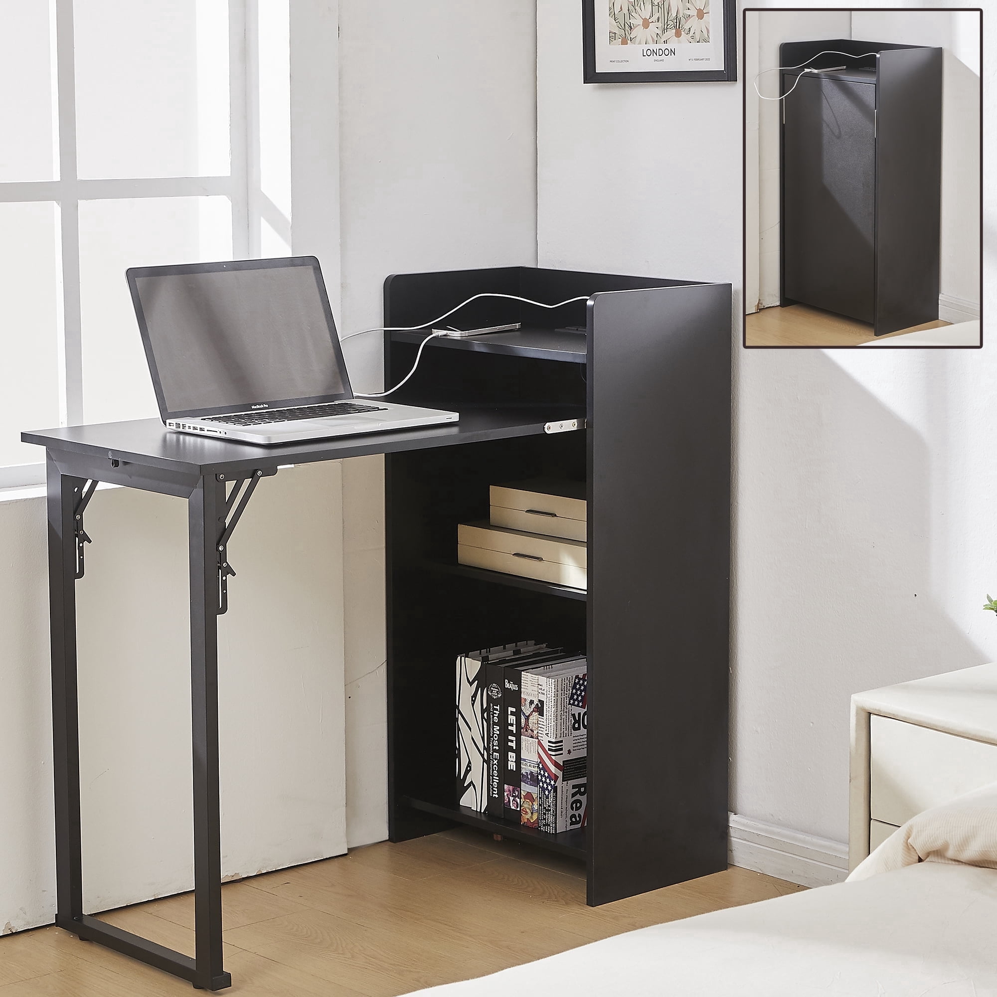 Haooyeah 37" Foldable Storage Desk with Charging Station, Space-Saving Desk with Raised Surface, Multi-functional Desk for Home Office, Bedroom, and Small Spaces