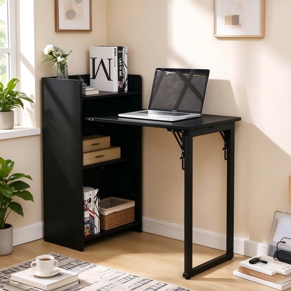 Haooyeah 37" Foldable Storage Desk with Charging Station, Space-Saving Desk with Raised Surface, Multi-functional Desk for Home Office, Bedroom, and Small Spaces