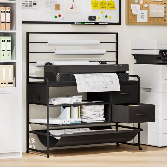 Haooyeah 3D Printer Stand with Power Outlet, Rolling Storage Cart with Drawers, Adjustable Roll Holder, Metal Shelves