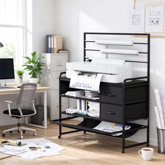 Haooyeah 3D Printer Stand with Power Outlet, Rolling Storage Cart with Drawers, Adjustable Roll Holder, Metal Shelves