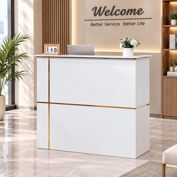 Haooyeah 50" Reception Desk with LED Lights, Lockable Drawer, Keyboard Tray & Storage Cabinet, White