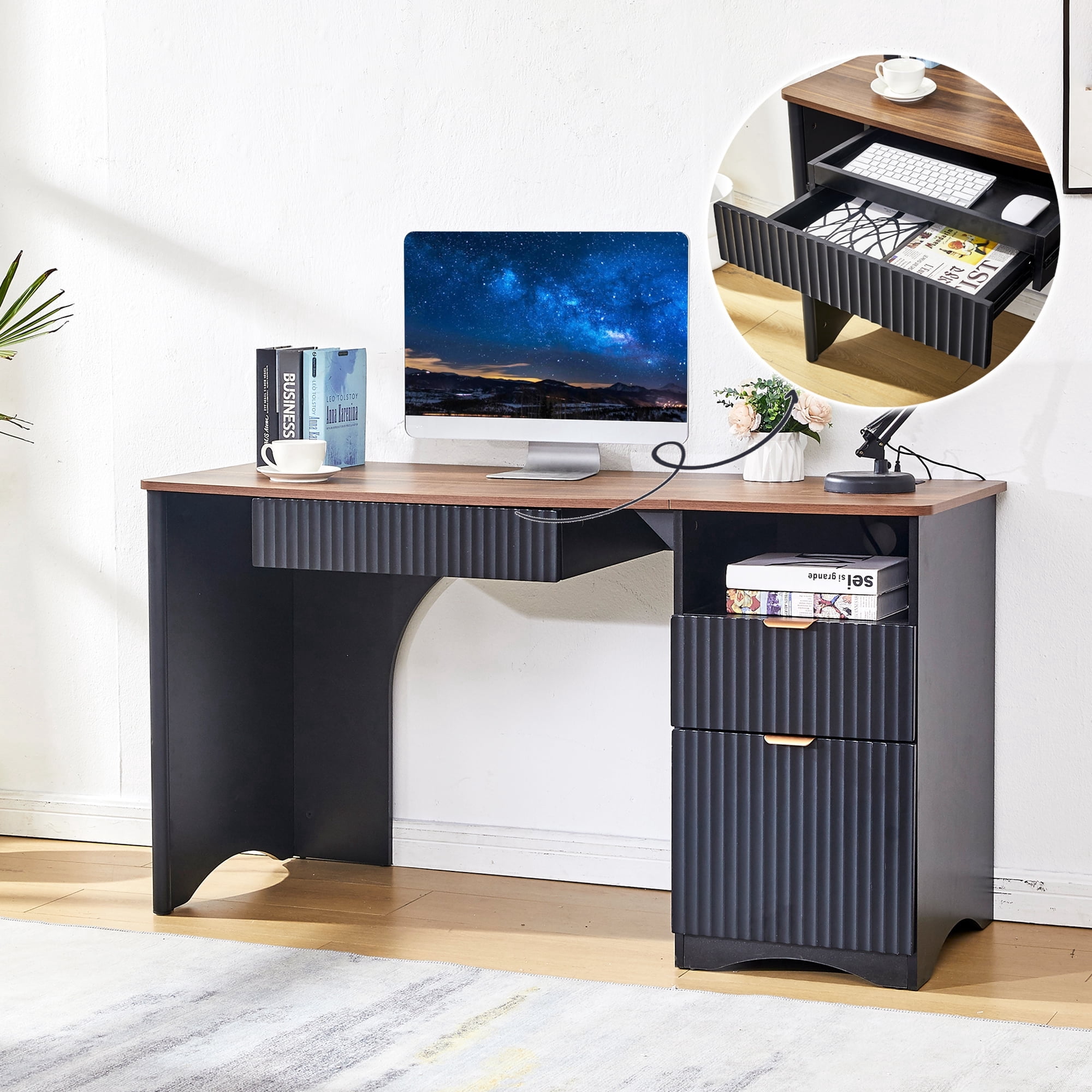 Haooyeah 55 Inch Black Computer Desk with Charging Station, Adjustable File Cabinet, Open Storage, Vertical Fluted 2-in-1 Keyboard Tray Drawer