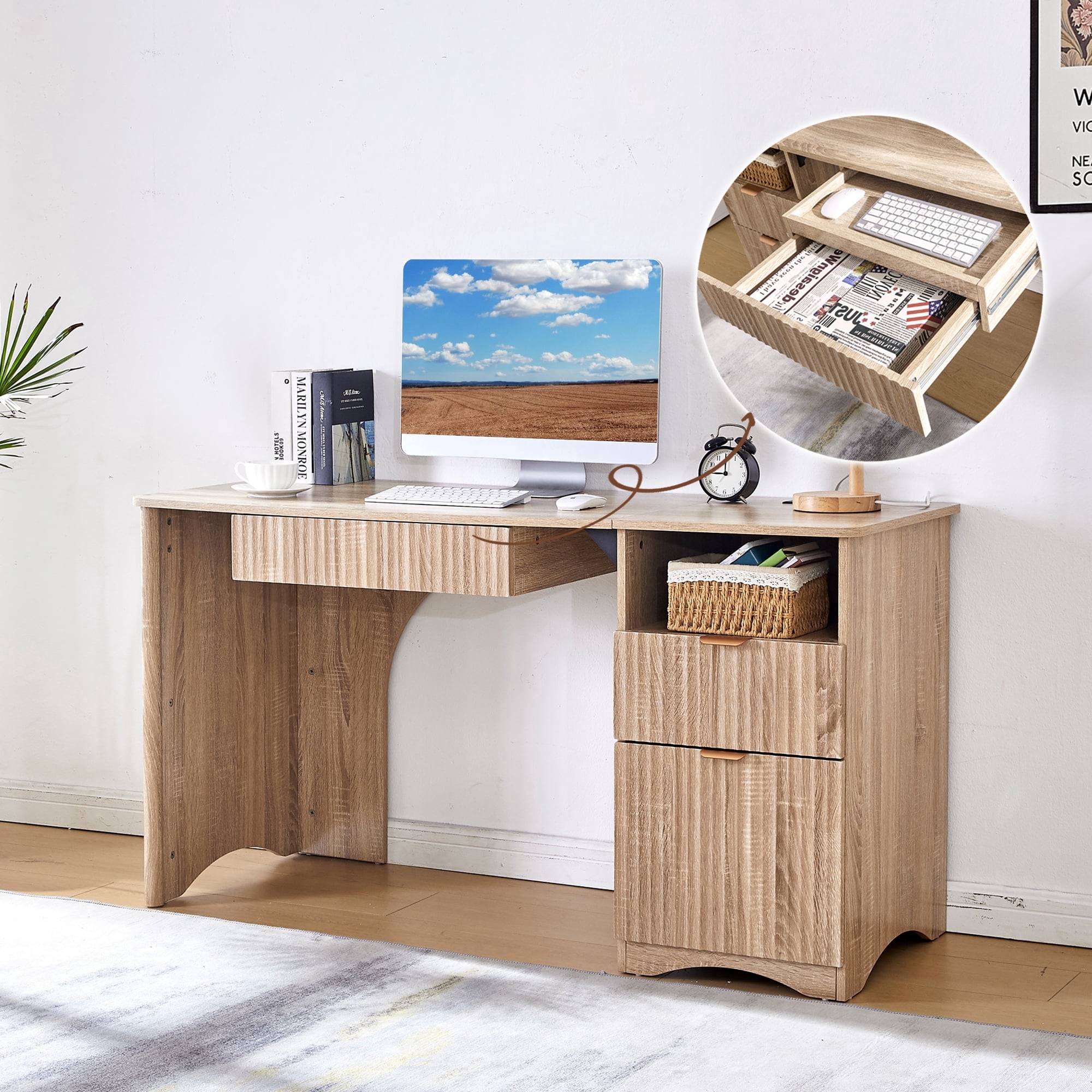 Haooyeah 55 Inch Natural Computer Desk with Charging Station, Adjustable File Cabinet, Open Storage, Vertical Fluted 2-in-1 Keyboard Tray Drawer