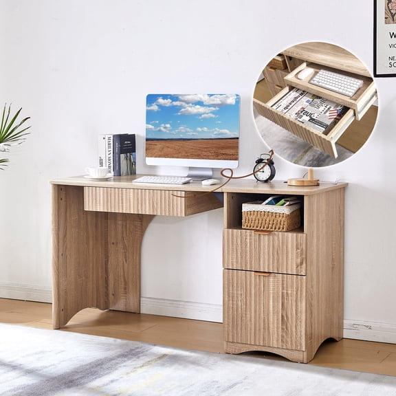 Haooyeah 55 Inch Natural Computer Desk with Charging Station, Adjustable File Cabinet, Open Storage, Vertical Fluted 2-in-1 Keyboard Tray Drawer