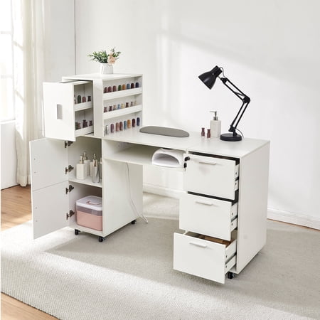 Haooyeah Manicure Table with 1 Shelf, 4 Drawers, 2 Cabinets, Rolling Nail Desk with Tabletop Organizer, Mobile Nail Tech Workstation, White
