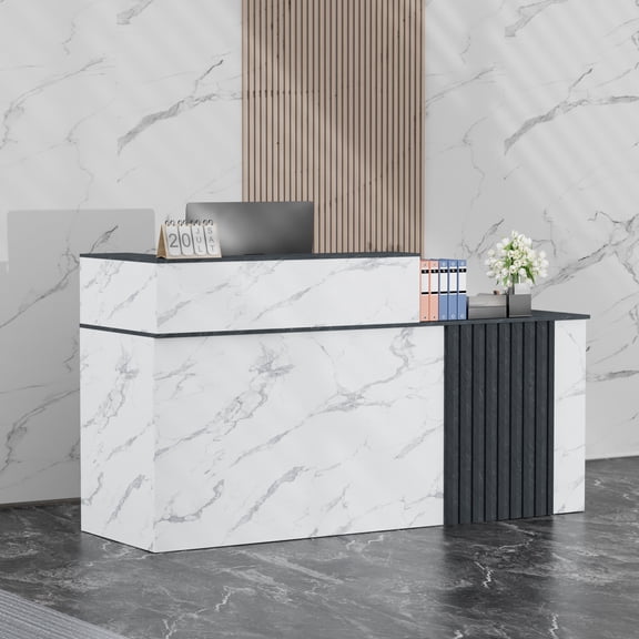 Haooyeah 63" Reception Desk, Modern Front Counter with Storage for Office, Black & Marble
