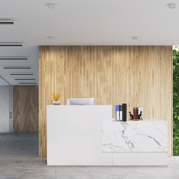 Haooyeah 86.8" Reception Desk with Lockable Drawer, Keyboard Tray, Storage Shelves & Cable Management, Marble Front Counter for Office, Hotel Lobby, Meeting Room