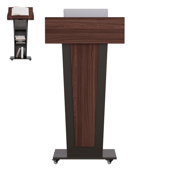 Haooyeah Adjustable Podium Stand with Tilting Desktop, Lockable Drawer & Storage, Mobile Lectern with Wheels, Black