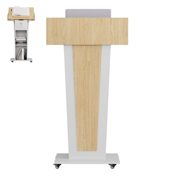 Haooyeah Adjustable Podium Stand with Tilting Desktop, Lockable Drawer & Storage, Mobile Lectern with Wheels, White
