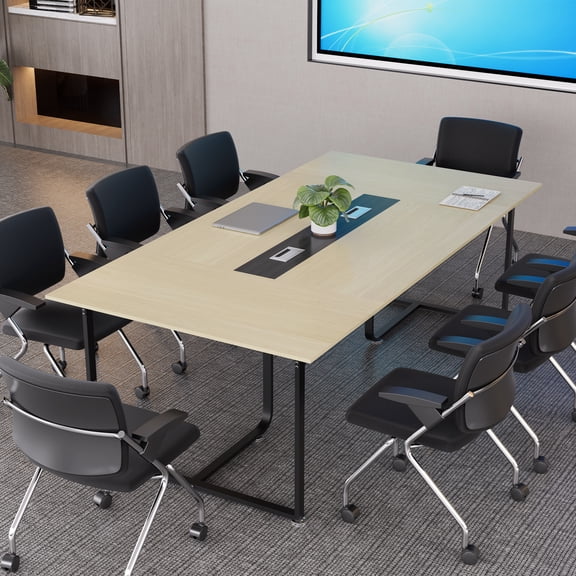 Haooyeah Conference Table 94.4" x 47.2", Large Meeting Desk, Flip-Top Cable Management Box, Double Reinforced Frame, Triangular Support Base, Adjustable Foot Pads, Nature