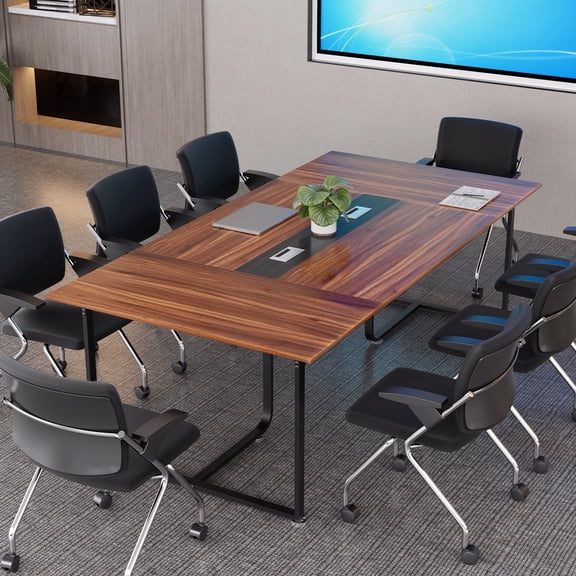 Haooyeah 94.4" Conference Table with Cable Management Box and Reinforced Frame, Coffee