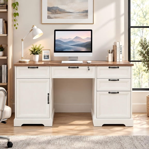 Haooyeah Desk with Charging Station, Lockable Drawer, File Cabinet & Storage, White & Wood