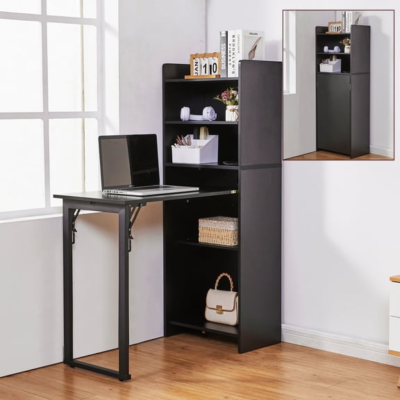 Haooyeah Foldable Desk with Bookshelf, 2-in-1 Space-Saving Computer Desk, Storage Shelves, Built-in Power Outlet, Easy-Fold Desk, Black