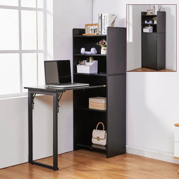 Haooyeah Foldable Computer Desk with Bookshelf, 2‑in‑1 Space‑Saving Design, Storage Shelves & Built‑in Power Outlet, Black