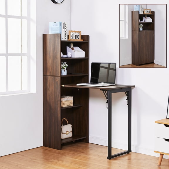 Haooyeah Foldable Desk with Bookshelf, 2-in-1 Space-Saving Computer Desk, Storage Shelves, Built-in Power Outlet, Easy-Fold Desk, Walnut