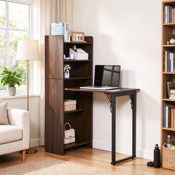 Haooyeah Foldable Computer Desk with Bookshelf, 2‑in‑1 Space‑Saving Design, Storage Shelves & Built‑in Power Outlet, Walnut