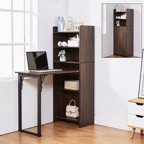 Haooyeah Foldable Desk with Bookshelf, 2-in-1 Space-Saving Computer Desk, Storage Shelves, Built-in Power Outlet, Easy-Fold Desk, Walnut