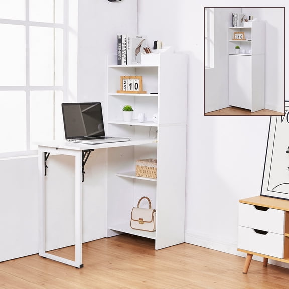 Haooyeah Foldable Computer Desk with Bookshelf, 2‑in‑1 Space‑Saving Design, Storage Shelves & Built‑in Power Outlet, White