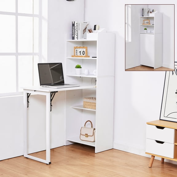Haooyeah Foldable Desk with Bookshelf, 2-in-1 Space-Saving Computer Desk, Storage Shelves, Built-in Power Outlet, Easy-Fold Desk, White