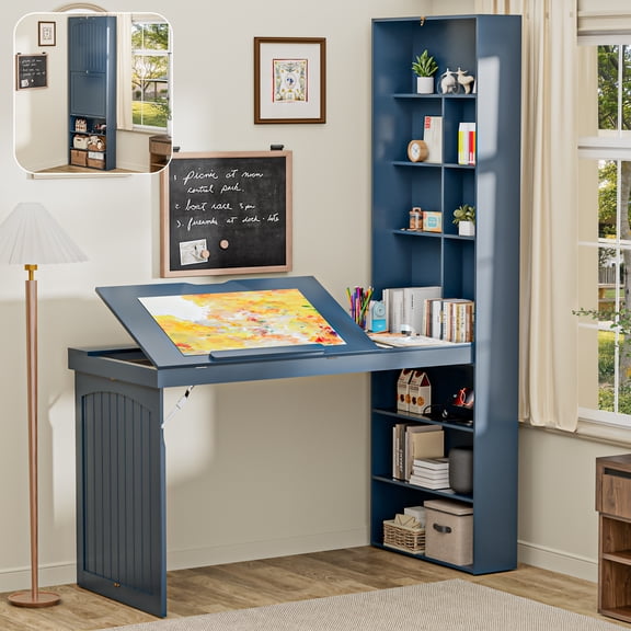 Haooyeah Foldable Desk with Storage, Adjustable Drafting Table with Power Outlet, Blue