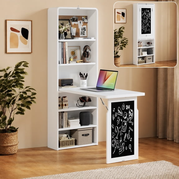 Haooyeah Foldable Desk with Storage Shelves & Chalkboard, Space-Saving Study Desk, White