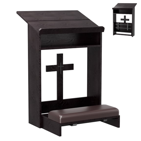 Haooyeah Foldable Kneeling Prayer Desk with Thick Padded Kneeler, Tilted Tabletop, Storage Shelf, Reinforced Frame, Wooden Prayer Bench, Brown