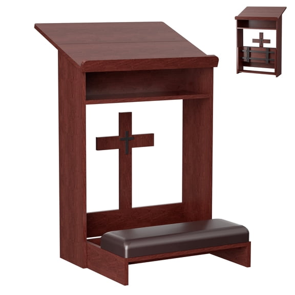 Haooyeah Foldable Kneeling Prayer Bench, Padded Kneeler, Tilted Tabletop, Storage Shelf, Reinforced Frame, Cherry Wood