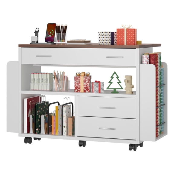 Haooyeah Gift Wrapping Station Cart, Expandable Foldable Craft Table with Power Outlets & USB, Rolling Utility Cart with Ribbon Holder & Paper Storage, White