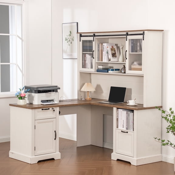 Haooyeah L Shaped Desk with Hutch, Corner Computer Desk with Storage, Power Outlet, Drawer,White