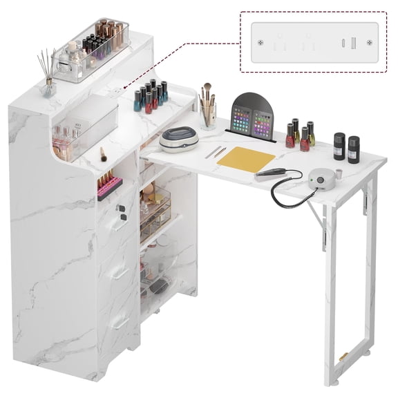 Haooyeah L-Shaped Manicure Table with 5 Shelves, 3 Drawers, Foldable Nail Desk with Charging Station, Space-Saving Workstation, Marble