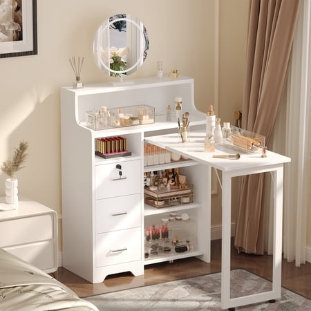 Haooyeah L-Shaped Manicure Table with 5 Shelves, 3 Drawers, Foldable Nail Desk with Charging Station, Space-Saving Workstation, White