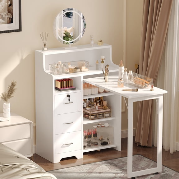 Haooyeah L-Shaped Manicure Table with 5 Shelves, 3 Drawers, Foldable Nail Desk with Charging Station, Space-Saving Workstation, White