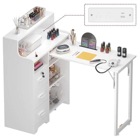 Haooyeah L-Shaped Manicure Table with 5 Shelves, 3 Drawers, Foldable Nail Desk with Charging Station, Space-Saving Workstation, White