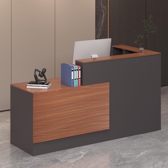 Haooyeah L-Shaped Reception Desk Left, Keyboard Tray, Lockable Drawers & File Cabinet, 70.9"W Walnut & Slate Gray