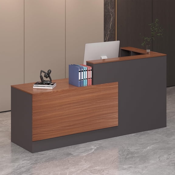 Haooyeah L-Shaped Reception Desk Left, Keyboard Tray, Lockable Drawers & File Cabinet, 86.6"W Walnut Gray