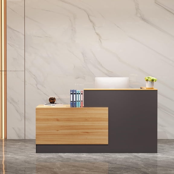 Haooyeah L-Shaped Reception Desk Left, Keyboard Tray, Lockable Drawers & File Storage, Natural Wood Gray
