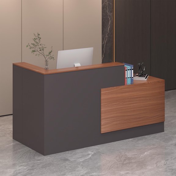 Haooyeah L-Shaped Reception Desk Right, Keyboard Tray, Lockable Drawers & File Cabinet, 70.9"W Walnut & Slate Gray