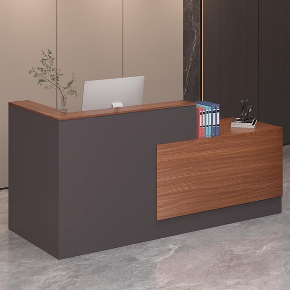 Haooyeah L-Shaped Reception Desk Right, Keyboard Tray, Lockable Drawers & File Cabinet, 86.6"W Walnut Gray