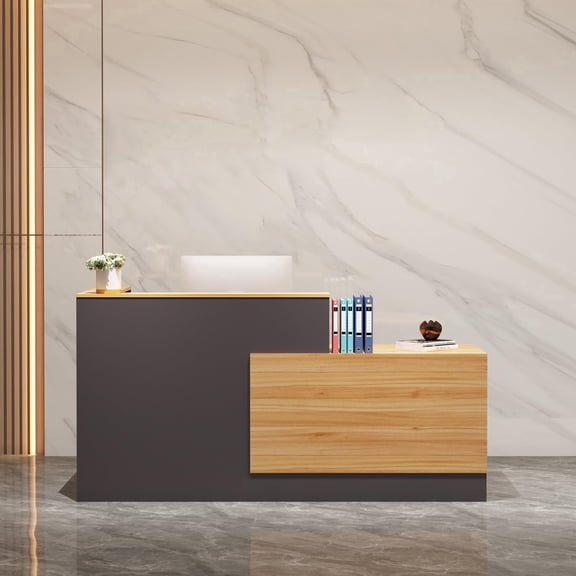 Haooyeah L-Shaped Reception Desk Right, Keyboard Tray, Lockable Drawers & File Storage, Natural Wood Gray
