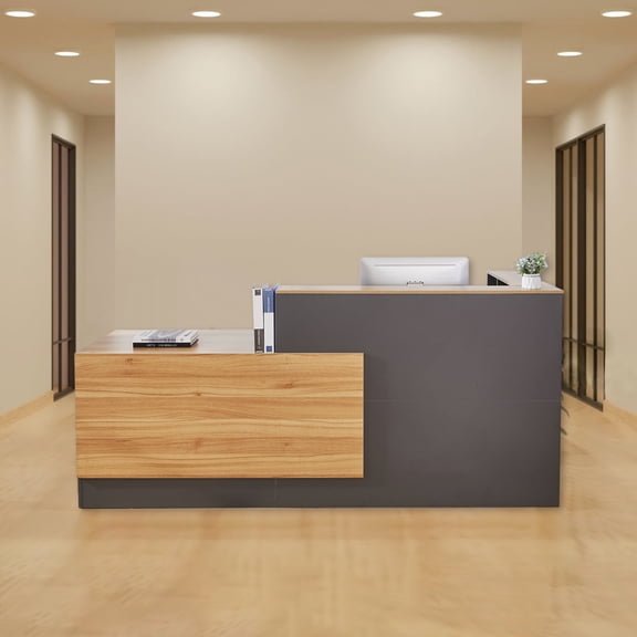 Haooyeah Large L-Shaped Reception Desk with Lockable Drawer, File Cabinet and Keyboard Tray for Office Hotel, Iron Grey Walnut
