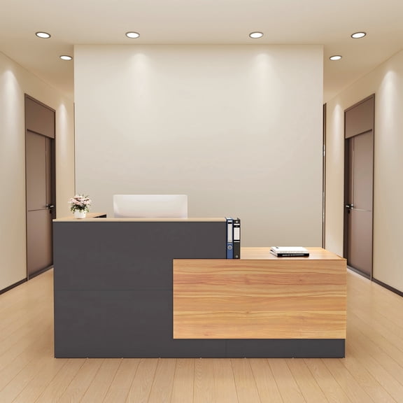 Haooyeah Large Reception Desk with Lockable Drawers & Filing Cabinet, Keyboard Tray, Storage Shelves & Cable Management, Front Counter for Office, Store, Hotel, Grey