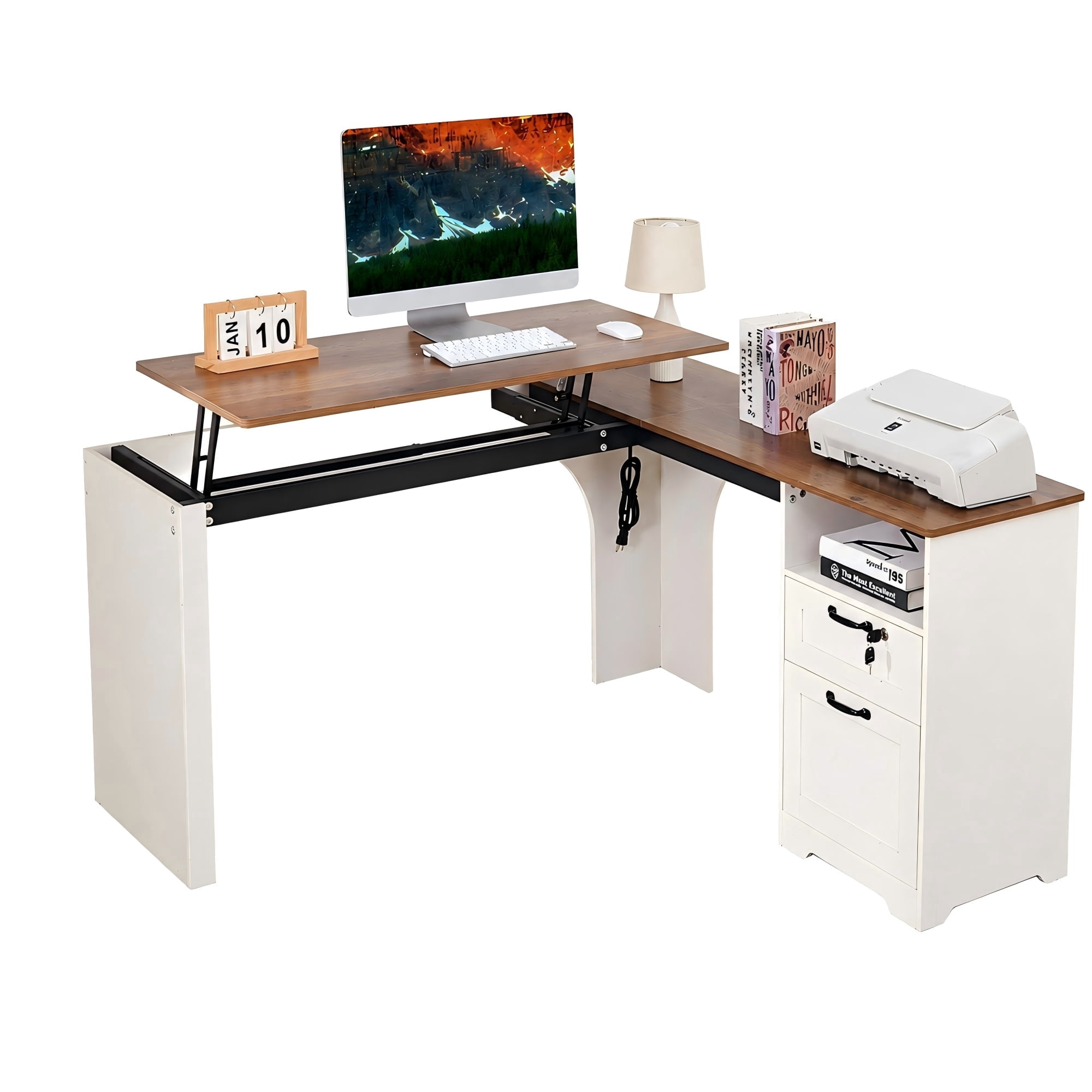 Haooyeah Lift Top L-Shaped Standing Desk with Power Outlet, Sit-Stand Corner Computer Desk with Drawers, Lockable File Cabinet & Monitor Stand, White