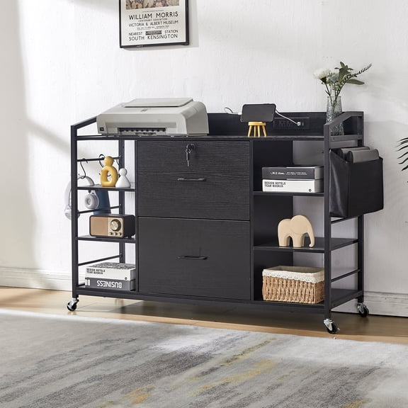 Haooyeah Modern Mobile File Cabinet with Charging Station, 2 Lockable Drawers, 3 Shelf Storage, Rolling, Fits A4/Letter/Legal Files, Black