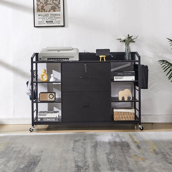Haooyeah Modern Mobile File Cabinet with Charging Station, 2 Lockable Drawers, 3 Shelf Storage, Rolling, Fits A4/Letter/Legal Files, Black